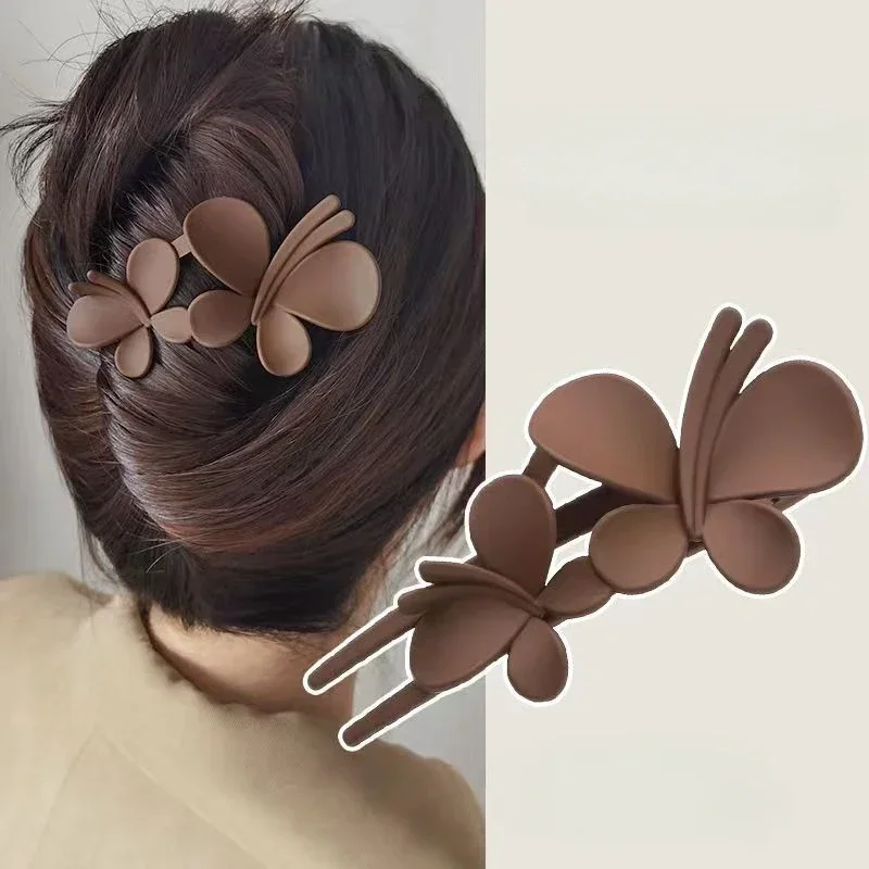 Korean Style Large Double Butterfly Hair Clips Women Temperament Elegant Back Head Ponytail Clip Hairpin Frosted Duckbill Clip