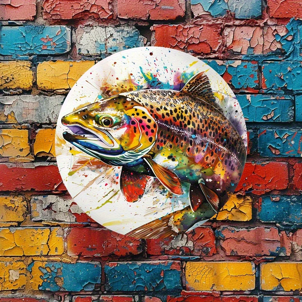 2D Flat, 2D Flat Rainbow Trout Metal Wall Art - 19.99 cm Round Wrought Iron Sign, Watercolor Art Design, Indoor/Outdoor Weather-