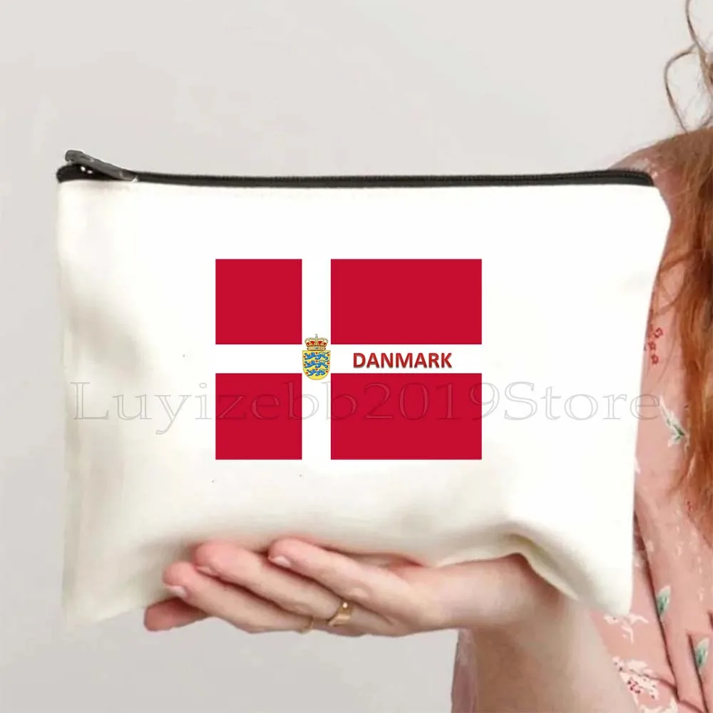 Denmark Flag Map Odense HEART Nyhavn Canal Copenhagen Denmark Girl Canvas Cosmetic Makeup Toilet Bag Pencil Case Zipper Pouch
