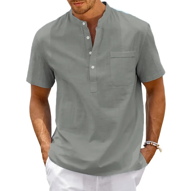 Men Solid Stand Collar Half Button Short Sleeve Henley Shirt Chest Pocket Loose Linen Blend Casual Summer Tops - view 3