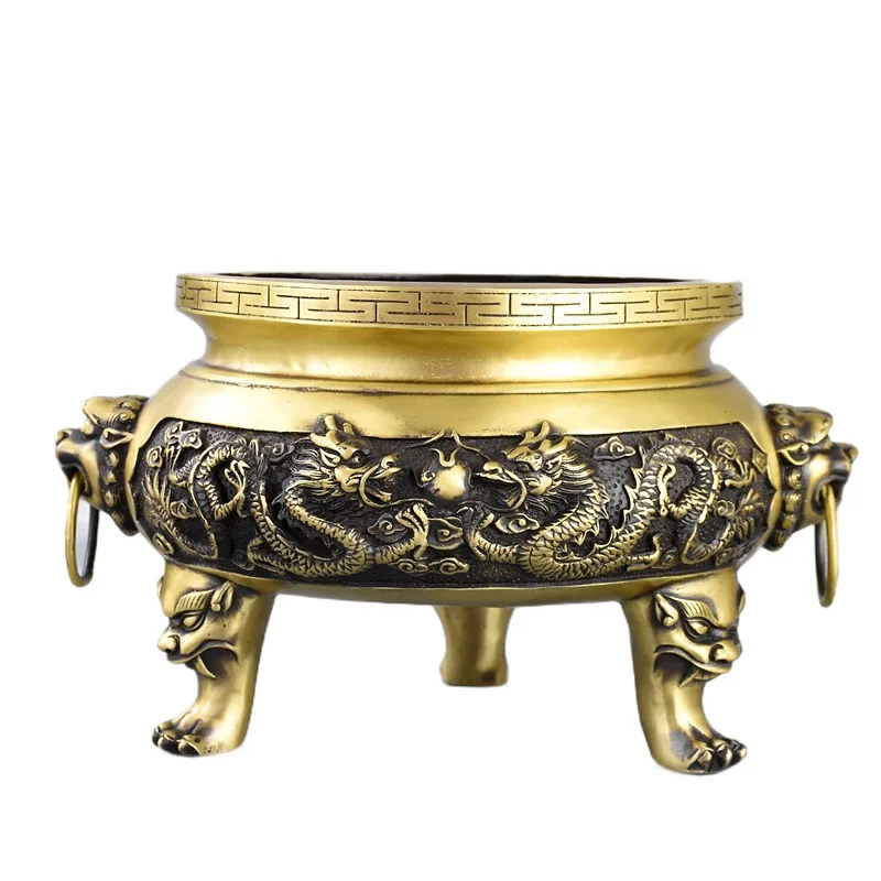 

For God Of Wealth II Dragon Drama Beads Pure Copper Extra Large Lucky Household Incense Burner Buddhist Tools Supplies