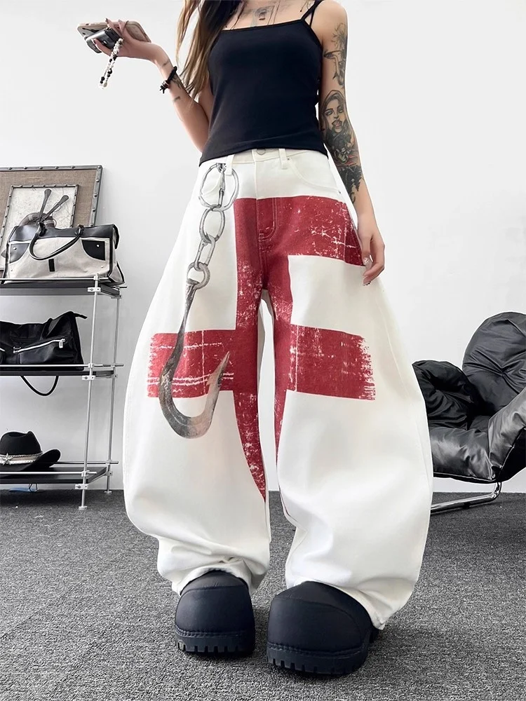

American Style Vintage Chainsaw Wide Leg Jeans Women's Loose Drapey Floor-Length 3D Printed White Knife Jeans