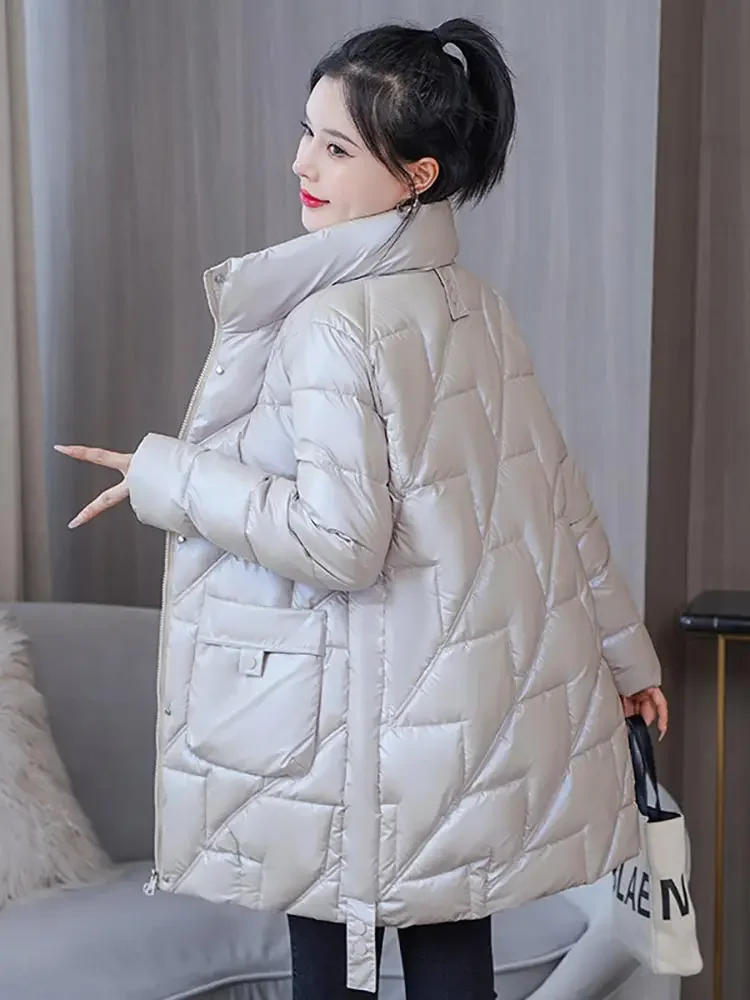 

2024 New Cotton Padded Parkas Stand Collar Shiny Down Winter Jacket Women Thick Warm Coat Female Clothing Outerwear X1021