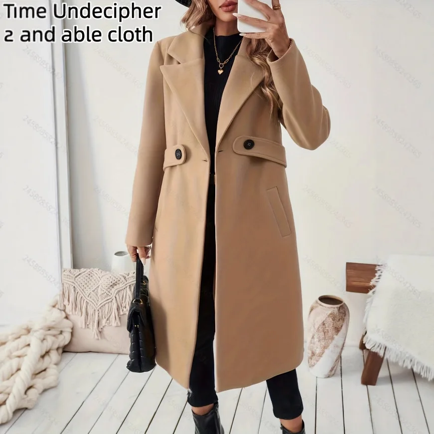 Damen Wollmantel 2026 Neu Mittellang mit großem Revers, tailliertem Schnitt, Knopftaschen, Herbst-Wintermantel, Damenbekleidung