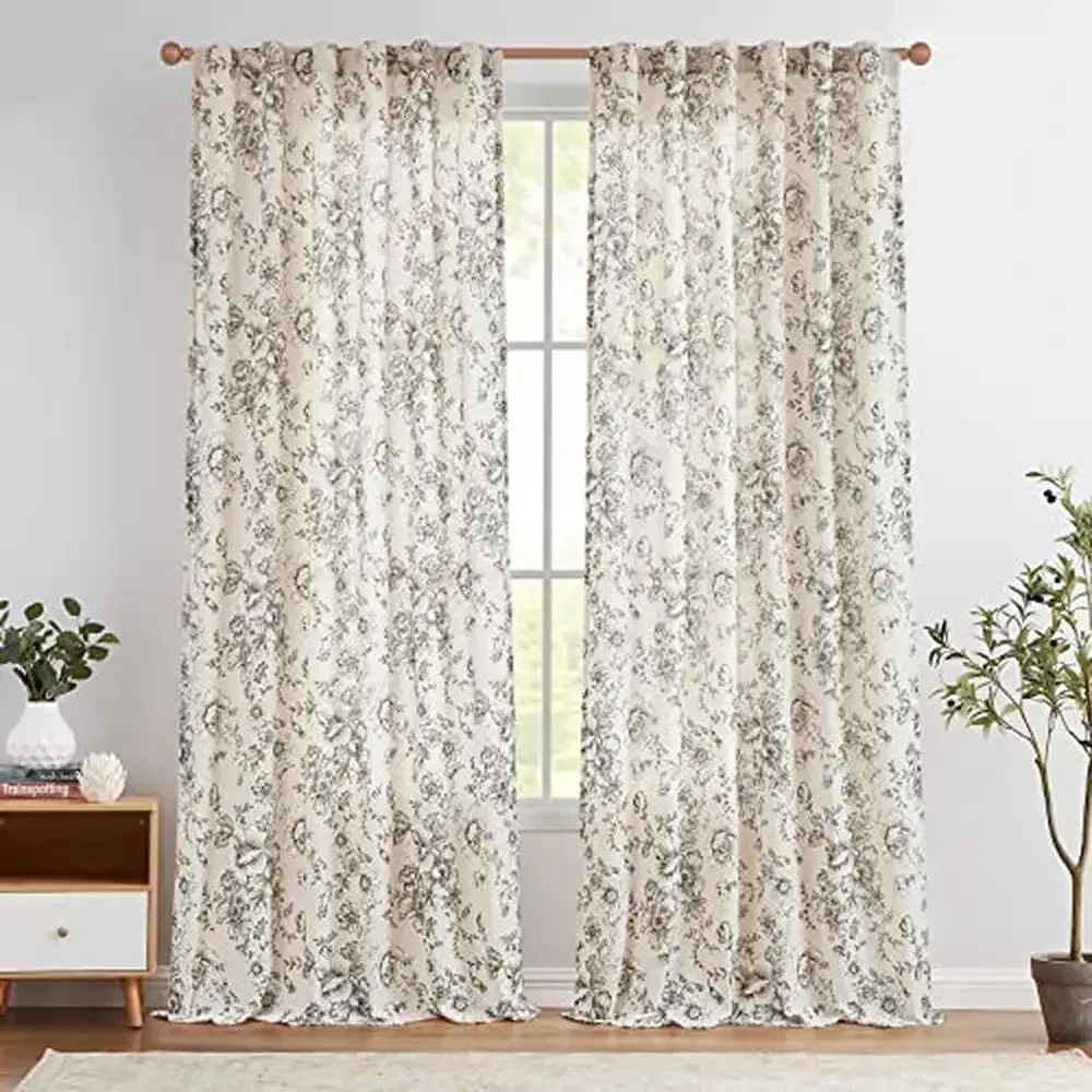 Floral Print Linen Blend Curtains 90 Inch Length Living Room Rod Pocket Back Tab Peony Flower Farmhouse Style Light Filtering