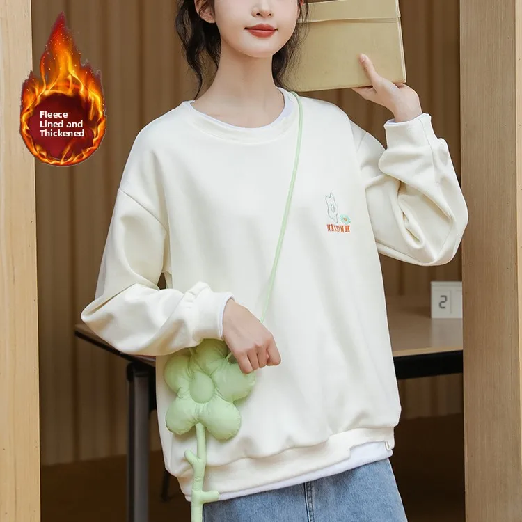 

Осенне-зимняя утепленная флисовая женская толстовка без капюшона, универсальный повседневный стиль, топ цвета абрикос в стиле INS для девочек-подростков и взрослых женщин