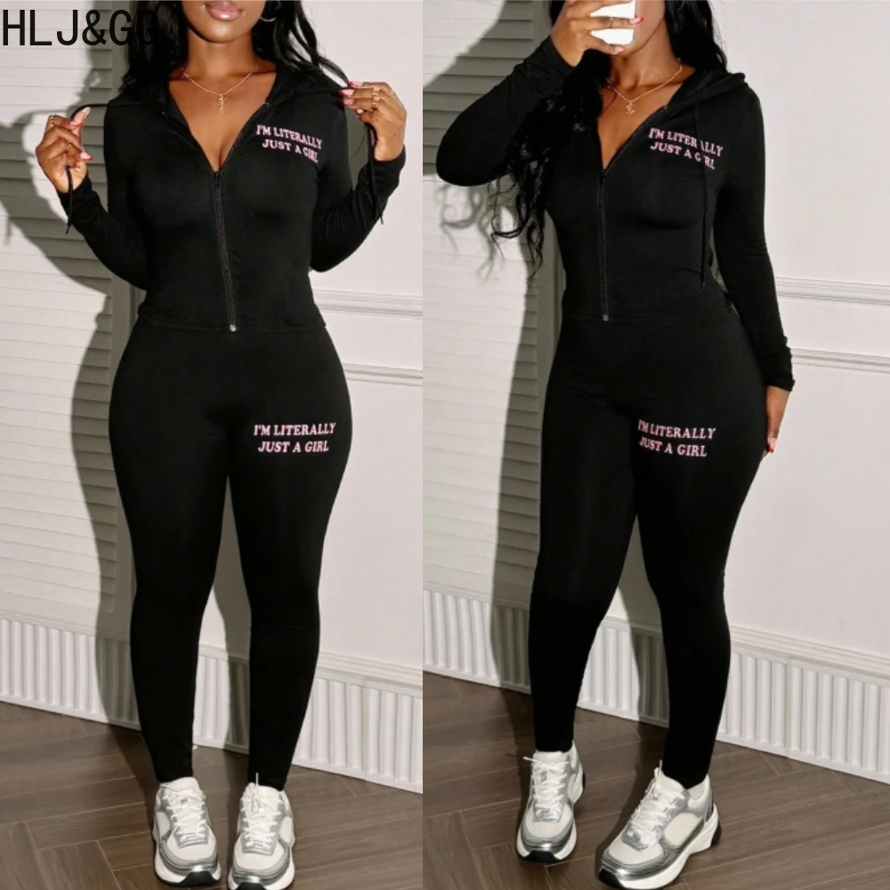 

HLJ&GG Black Autumn New Letter Print Hooded Two Piece Sets Women Zipper Long Sleeve Slim Top And Skinny Pants Outfits Tracksuits