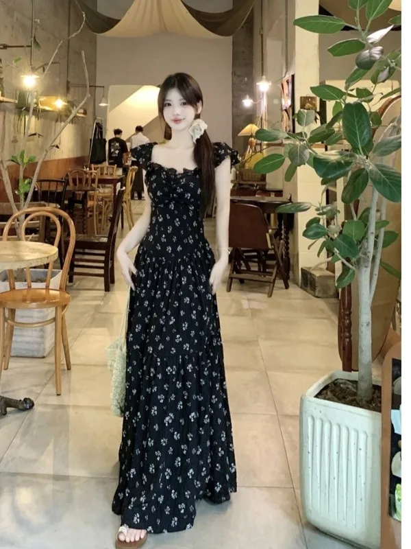 

plus Size Floral Print Square Ne ort Sve Summer Dr Women's Tea Break Sle High Waist Long Dr Korean Version Sli...