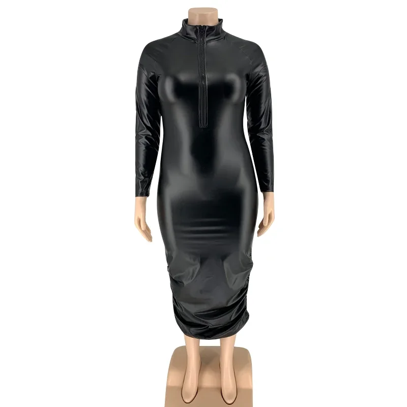 Couro do plutônio mais tamanho 5xl vestidos para as mulheres zip up manga cheia estiramento offie senhora elegante preto maxi vestido atacado dropshipping