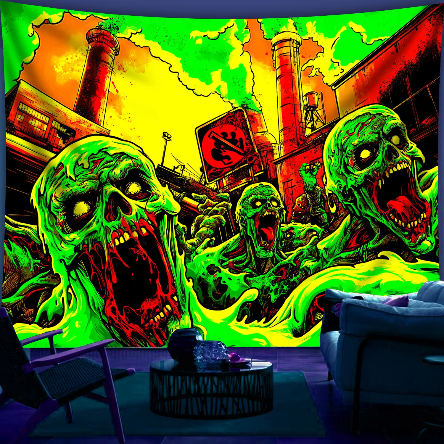 VIKAMA Industrieller Wandteppich im dunklen Stil, neongrüner Totenkopf, rauchfarben, cooles künstlerisches Wohnzimmer, Sofa, Hintergrund, Wand- und Raumdekoration