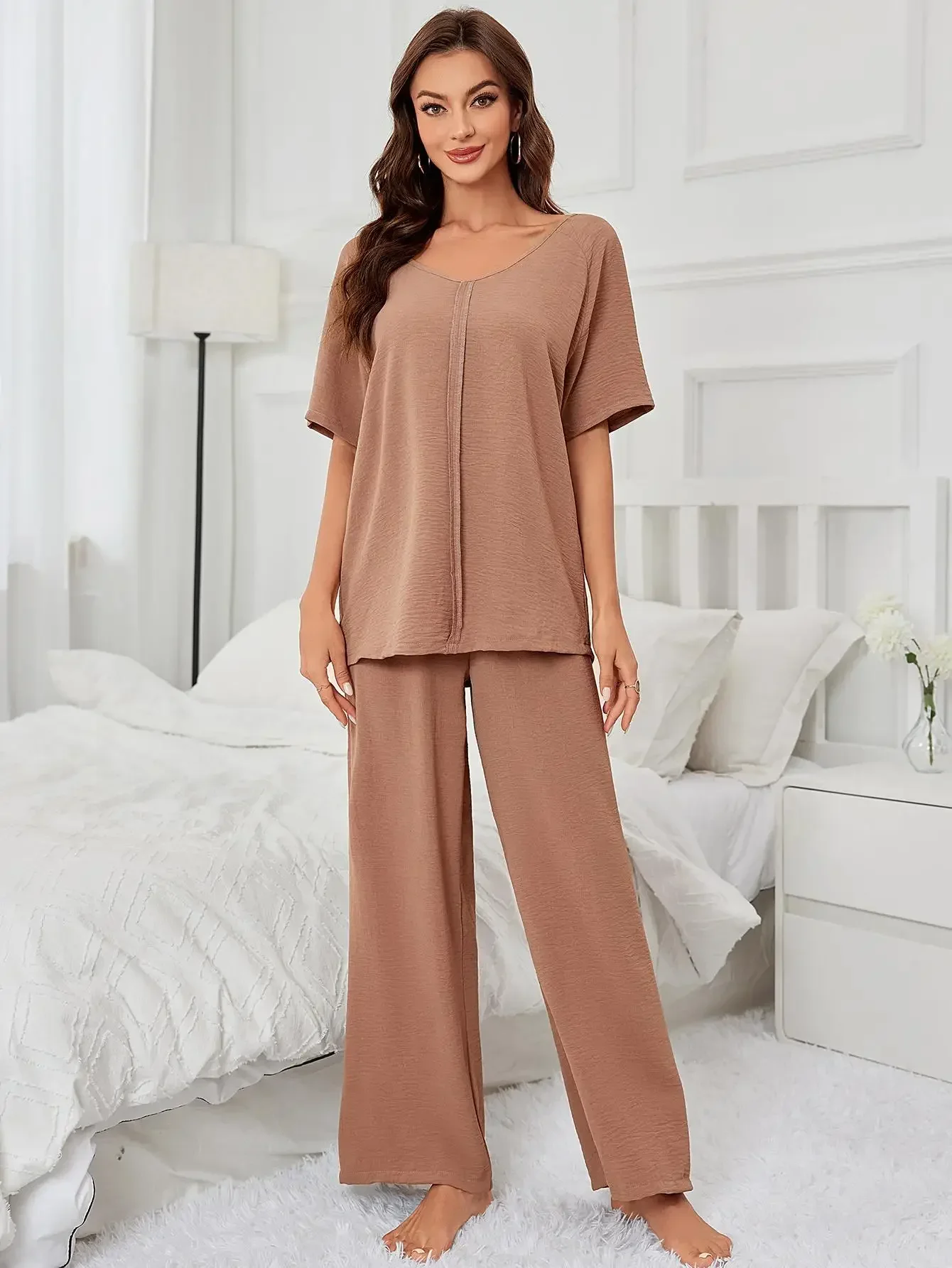 Solid V Neck Women Pajama Sets Short Sleeves Top & Full-Length Pants Female 2 Pieces Sleepwear Nightwear Homwear Clothing