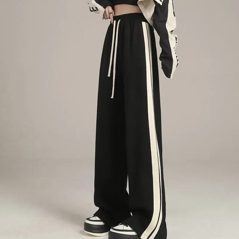 Casual Wide Leg Pants for Women Autumn Winter New Plush Thick Side Stripe Loose Fitting Black Versatile Floor Mop Trousers Trend