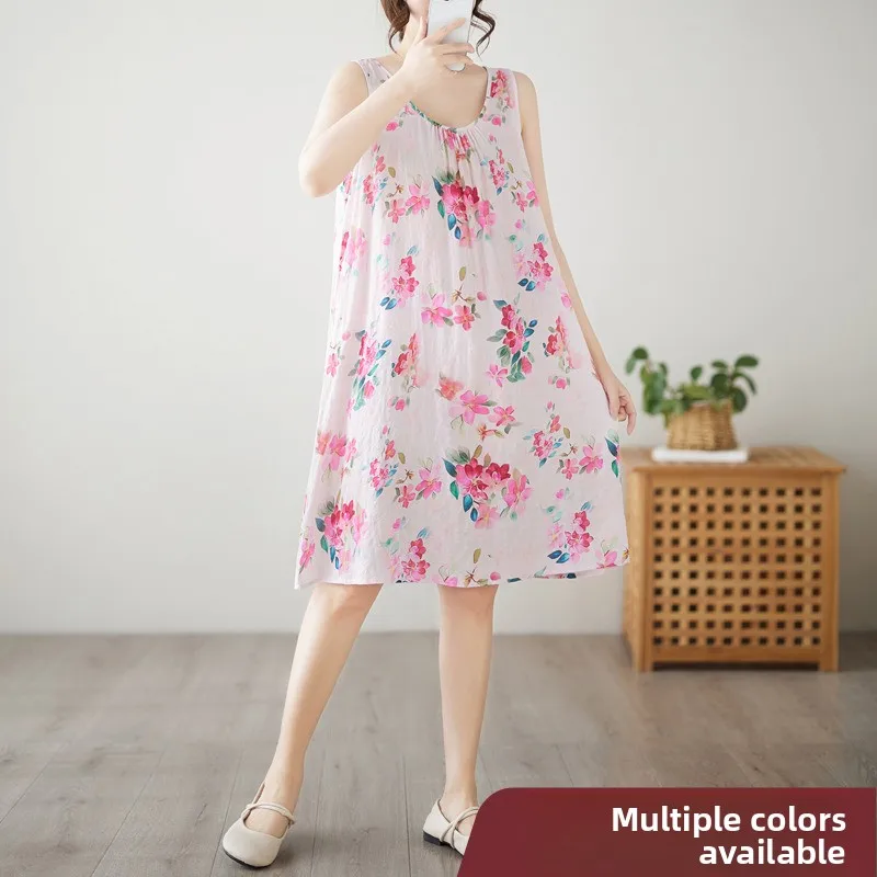 Gaun Midi Katun Linen Motif Cetak Ukuran Besar Model A-Line Longgar untuk Wanita, Cocok untuk Kerja dan Santai