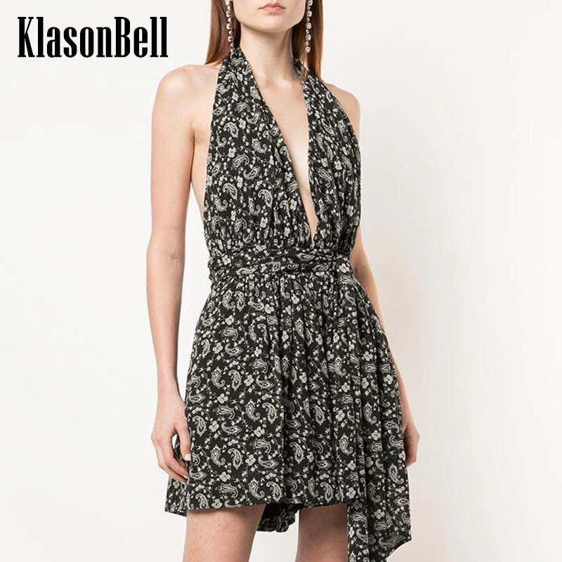 

5.2 KlasonBell New Fashion Sexy V-Neck Backless Playsuit Women Spaghetti Strap Halter Bowknot Bandage Holiday Print Bodysuit