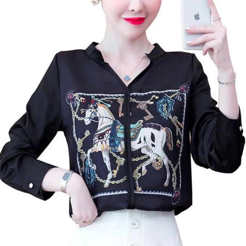 2024 New Spring and Autumn Retro Fashion Chiffon Pullovers Long Sleeve V-neck Solid Color Printed Splicing Women's Shirt Top