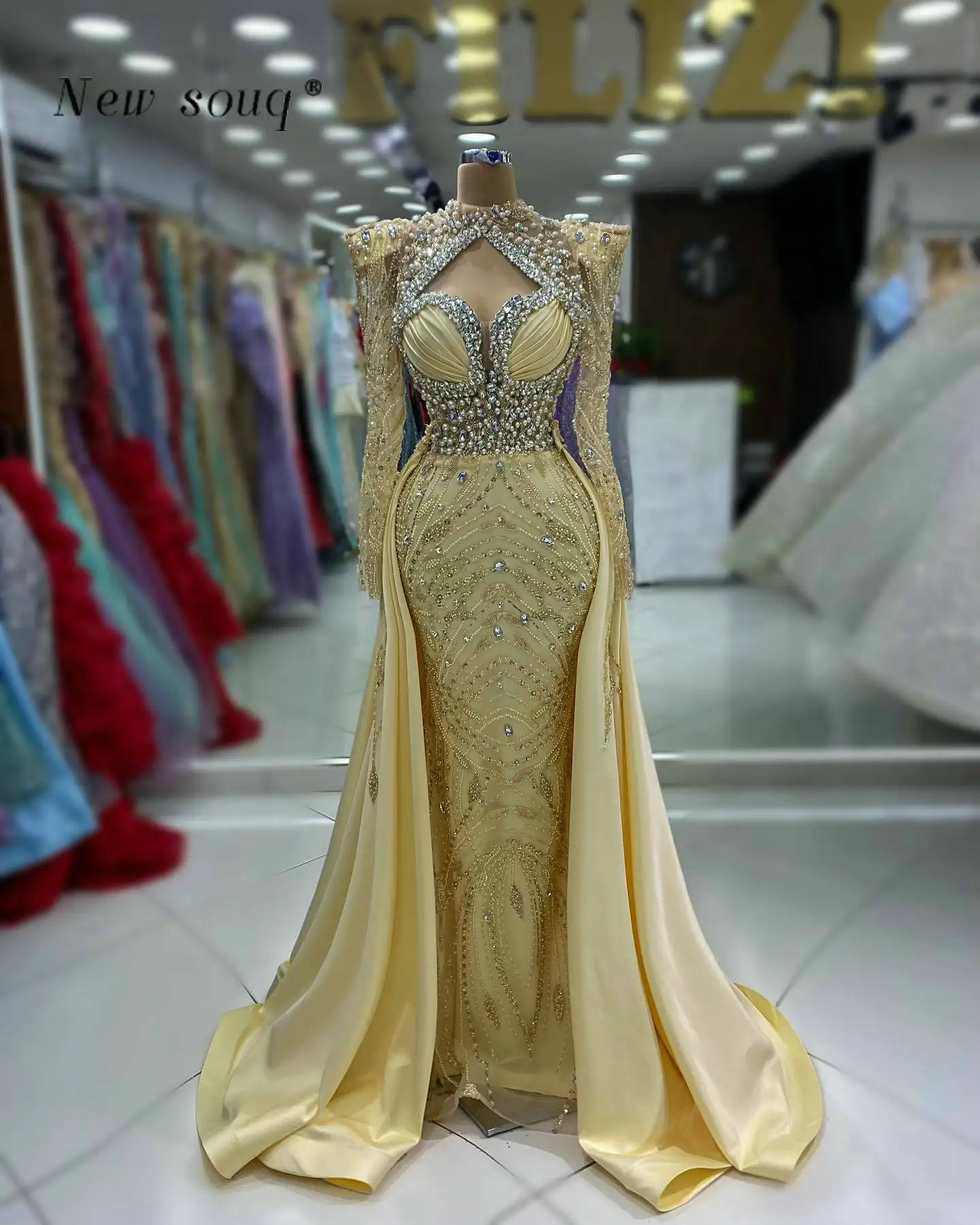 

2 In 1 Arabic Formal Long Sleeves Mermaid Evening Dresses 2024 Glittery Crystals Pearls Beaded Women's Wedding Dinner Party Gown