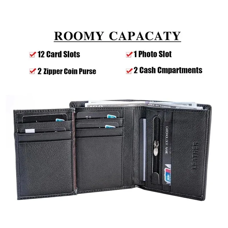 3-Fold Business Purse with Zipper Pocket & Multi-Card Slots Genuine Leather Men's RFID Blocking AntiTheft Wallet