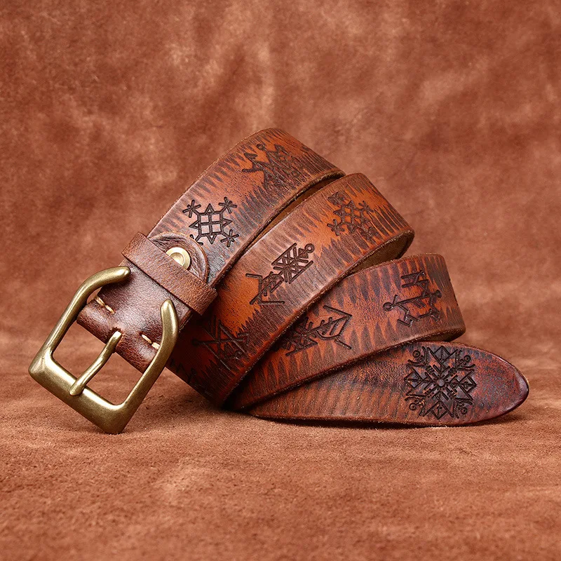 

Men's Thickened Cowhide Genuine Leather Belt, Men's Retro Copper Buckle Personalized Trend Carved Pattern Versatile Jeans Belts