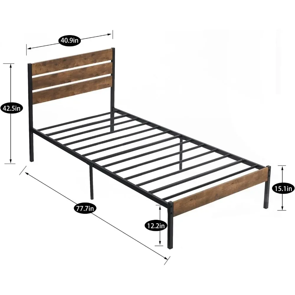 Platform Twin Bed Frame with Rustic Vintage Wood Headboard, Mattress Foundation, Strong Metal Slats Support,No Box Spring Needed