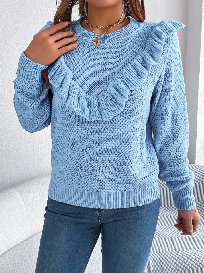 Maglione da donna Top Elegante pendolarismo Tinta unita Design arricciato Girocollo Manica lunga Pullover ampio lavorato a maglia
