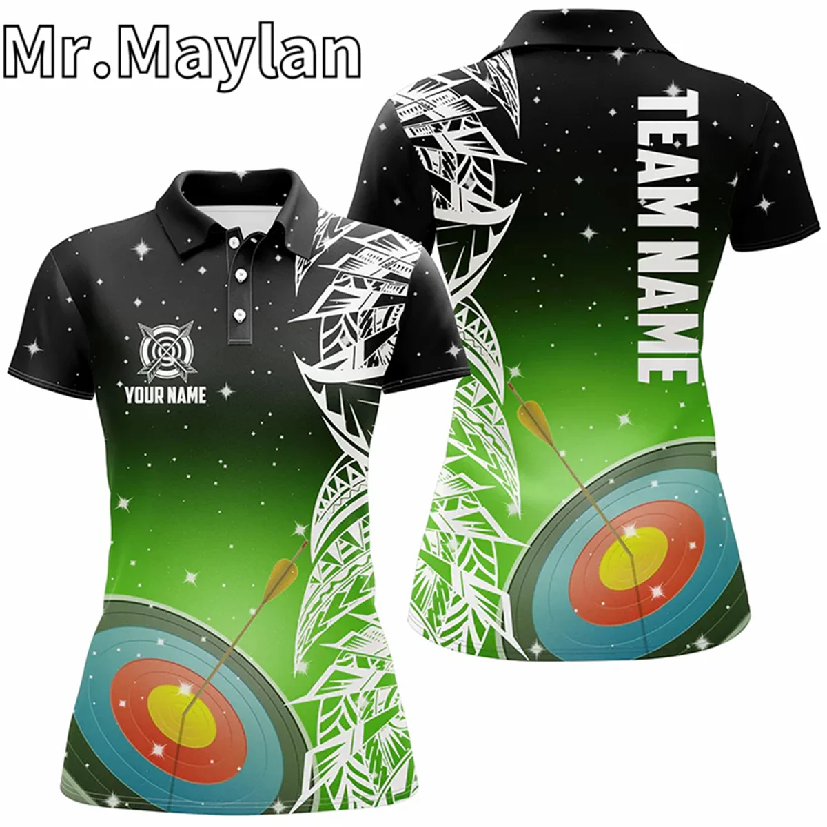 Personalized 3D Target Archery Green Galaxy Pattern Women Polo Shirts Team League Archery Jerseys Outfit Gift For Archery Lovers