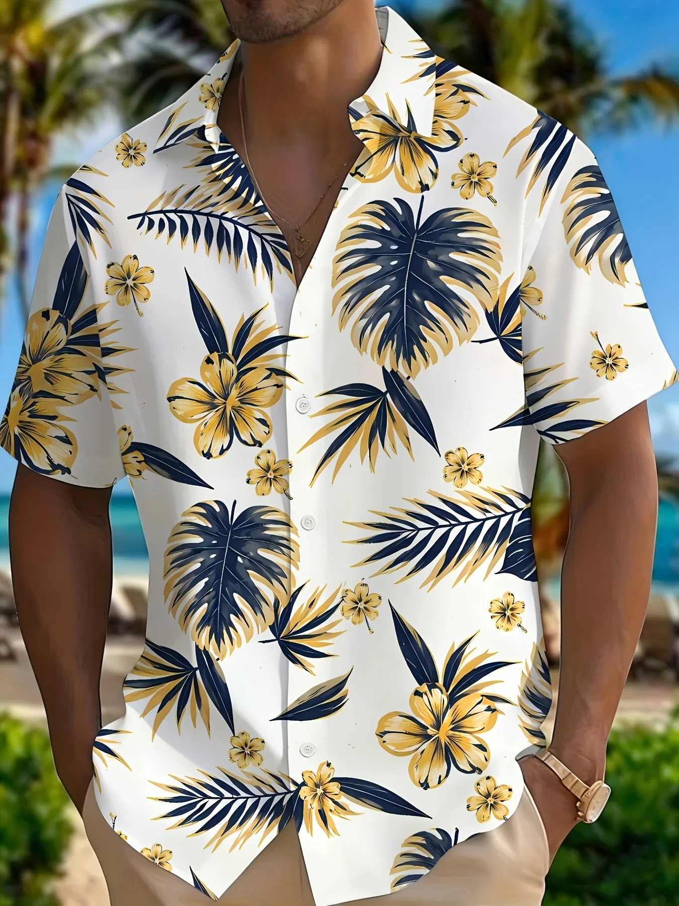 

Men's Summer Hawaiian Shirt Tropical Palm Leaf Floral Print Lapel Short Sleeve Button Down Casual Vacation Beach Party Aloha Top