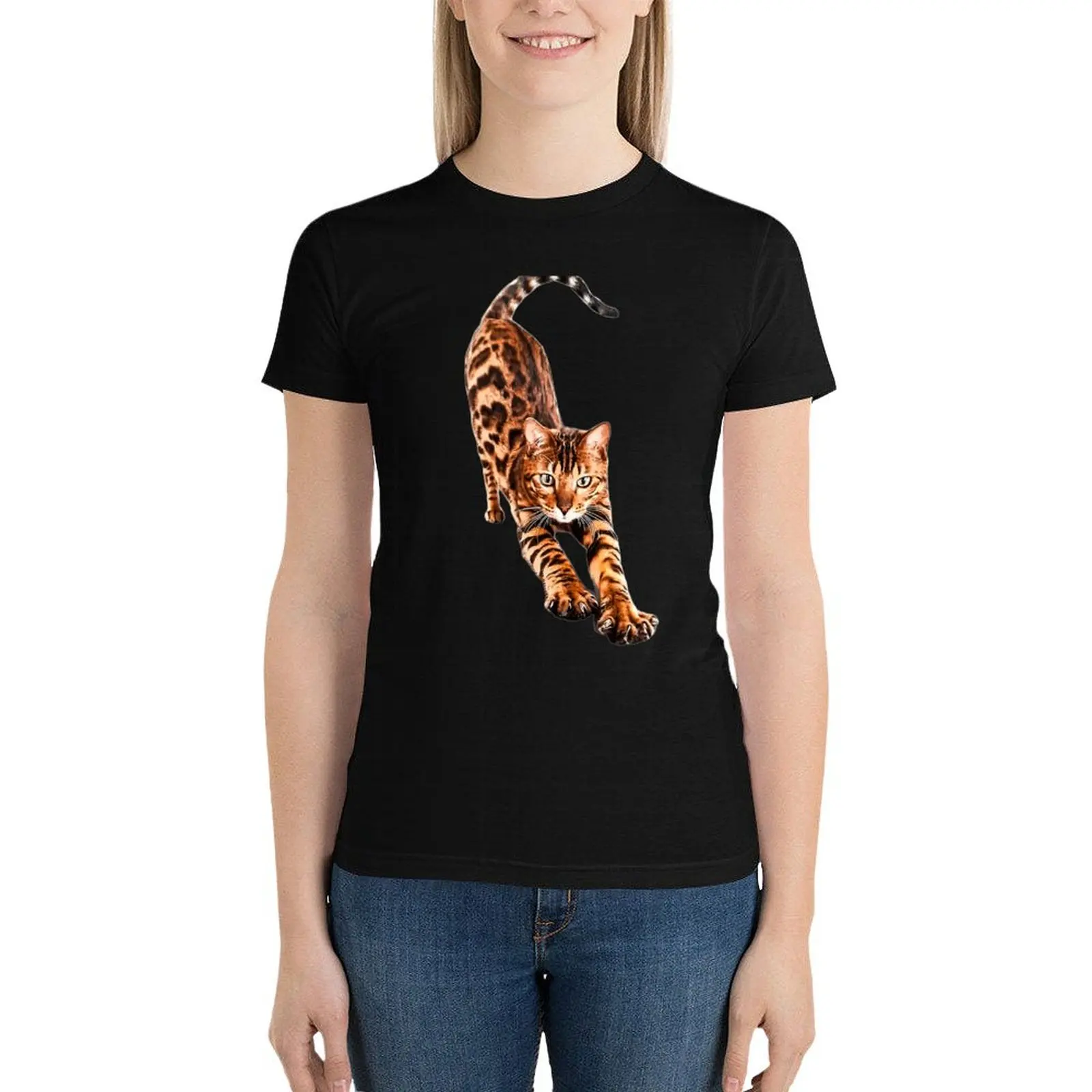 

Bengal Cat Stretching T-Shirt tops Short sleeve tee korean Women's clothes
