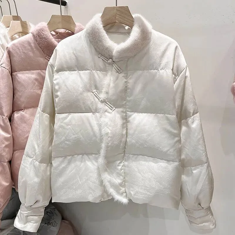 Katoenen winterjas voor dames, kort, pure kleur, opstaande kraag, patchwork, bloemenborduurwerk, dichtgeknoopt, verdikte normale mouw