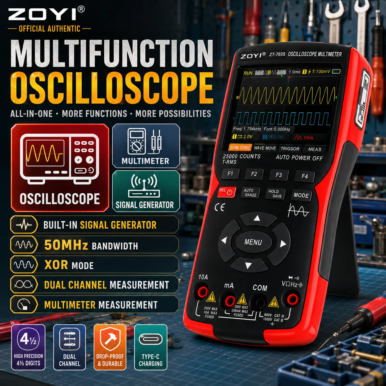 ZOYI 703S Oscilloscope Signal Generator Multimeter 3-in-1 New Multifunction Tester 50MHz Bandwidth