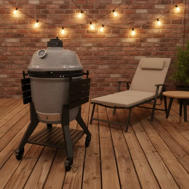 Ceramic Kamado Outdoor Charcoal BBQ Grill with Stainless Steel Trolley Modern Design Capacity Pizza Oven Function