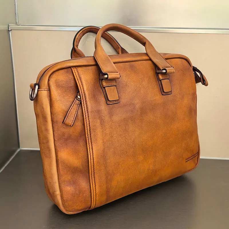 Valigetta da uomo in pelle di vacchetta di alta qualità Borsa da uomo retrò Borsa a tracolla per laptop maschile Tote Valigetta da uomo in pelle naturale