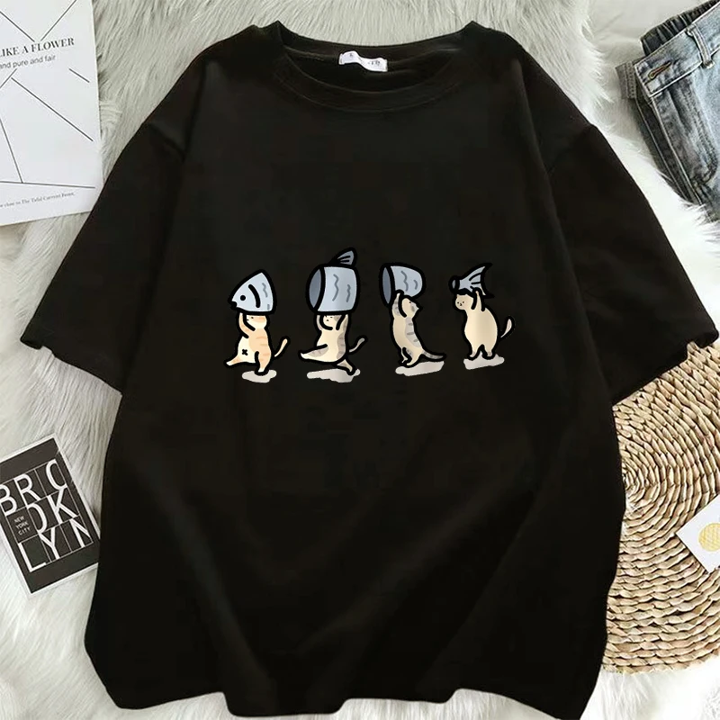 

Four Little Cats Holding Women T-Shirts Cartoons Prints T Shirts Soft O-Neck Loose Short Sleeve Tops Summer Clothes