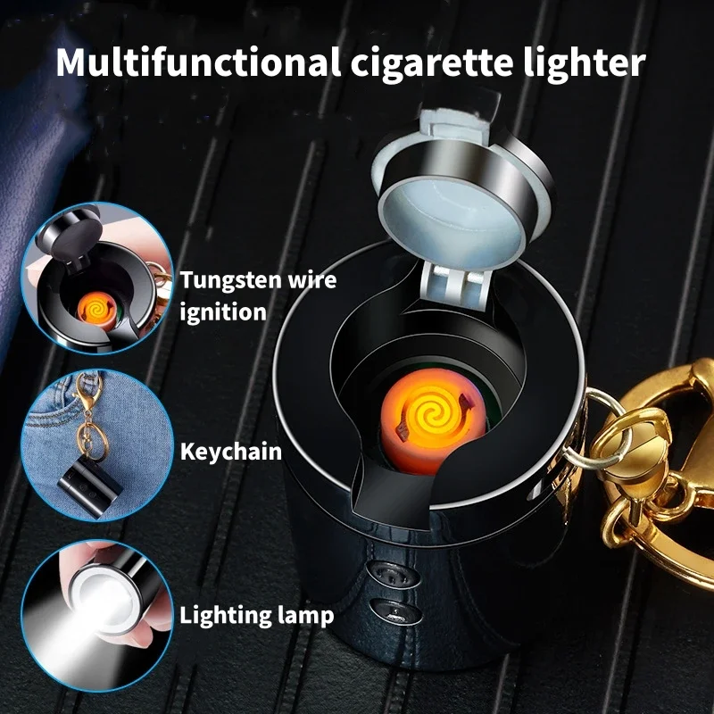 USB Charging Lighter Portable Keychain Lighter with LED Mini Lighting Flashlight Tungsten Cigarette Lighter Smoking Accessories