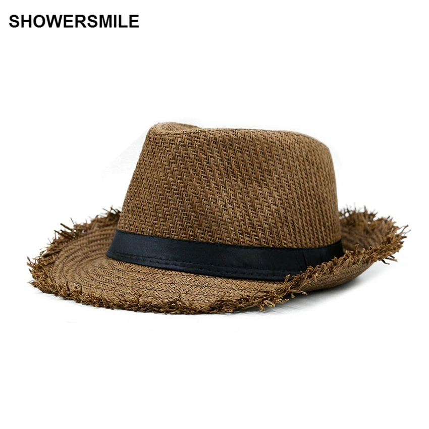 SHOWERSMILE Brand Khaki Straw Hat Men Panama Caps Summer Style Sun Hat Beach Holiday Classic Male Hats and Caps Mens Trilby Hats