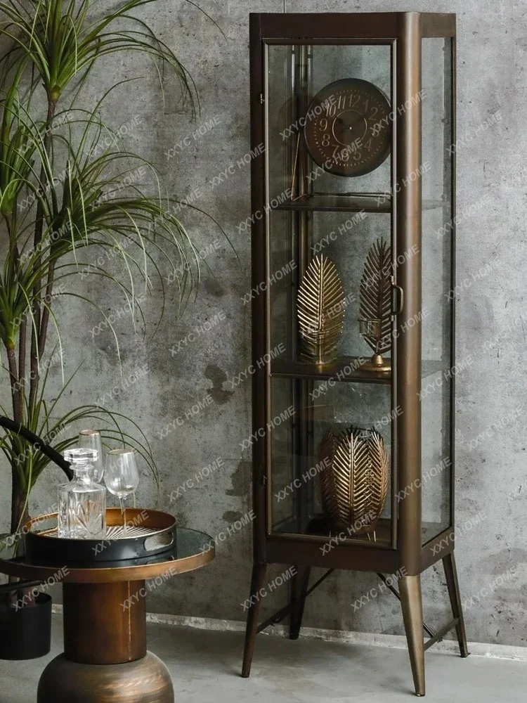 Style Retro Glass Wine Cabinet Iron Multi-Layer Display Metal Sideboard Cabinet