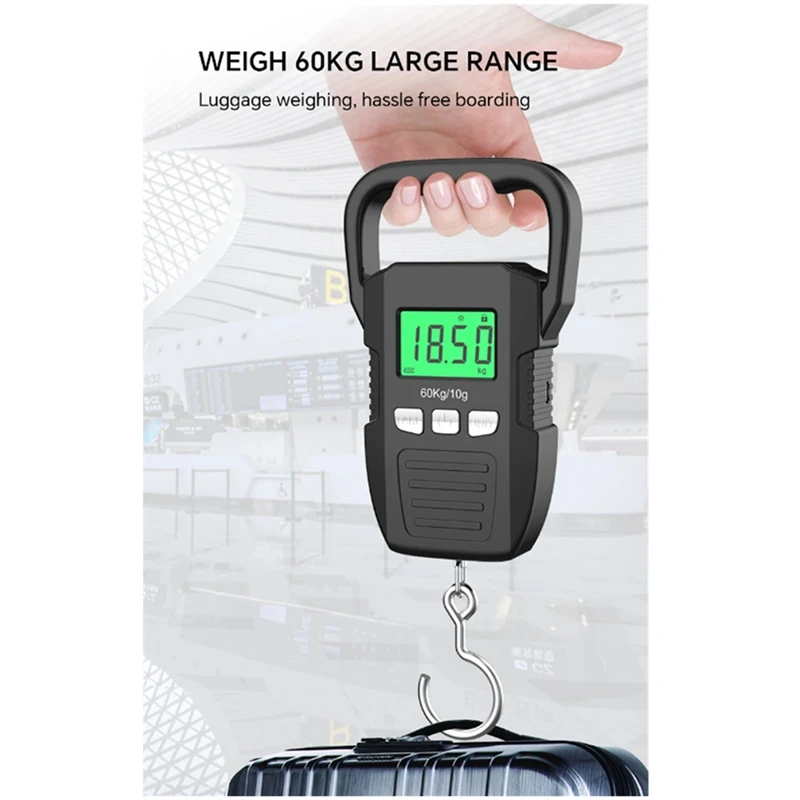 Black 60Kg/10G LCD Digital Hanging Scale Set USB Recharged Crane Hook Scales Courier Luggage Home Weighing Balance Tools Kit