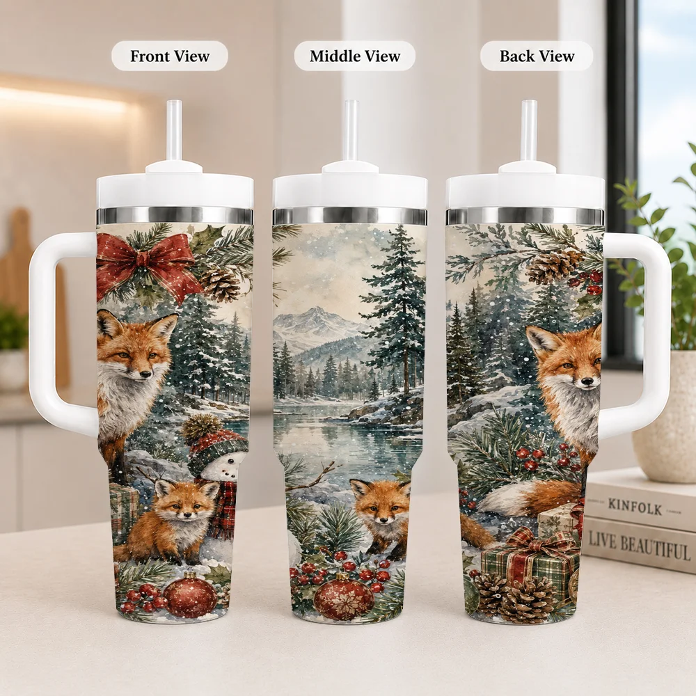 Vintage Woodland Christmas Animals Vacuum Flasks 40oz Leakproof Steel Tumbler w/ Lid Straw Handle Hot Cold Drinks