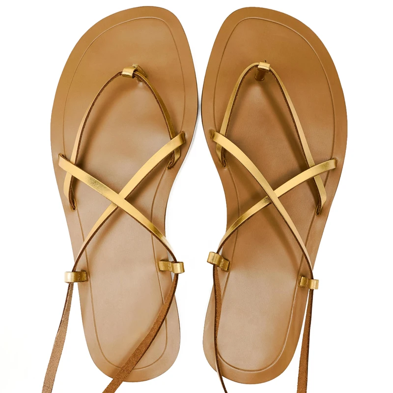 Clip Toe Flats Sandals Shoes Woman 2024 Summer Flat With Flip Flops Gold Women\'s Beach Shoe Ankle Strap Lace-up Sandalias Mujer