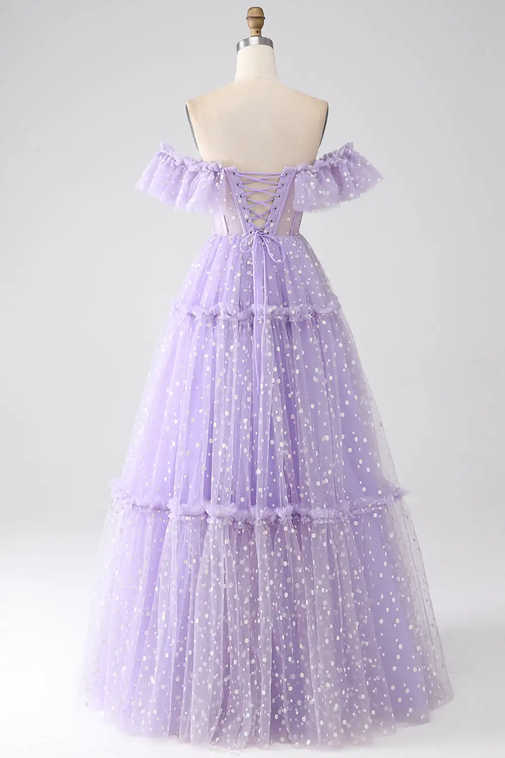 Off the Shoulder A-line Evening Gowns Lilac Dot Tulle Lace Up Corset Long Prom Dress Sweetheart Ruched Quinceanera Dresses 2024