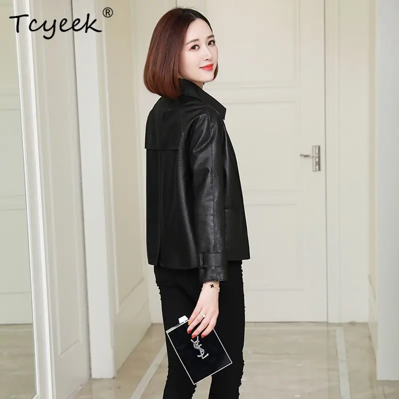Tcyeek 양피 봄 가을 트렌디 스퀘어 넥 블랙 짧은 여성 정품 가죽 자켓 Jaqueta De Couro Legítimo Feminina