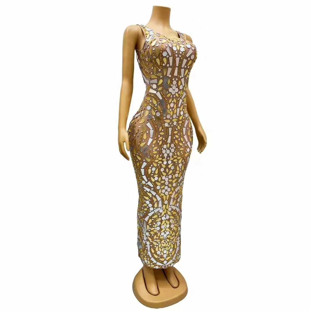 Luxuoso ouro espelhos strass malha vestido longo festa de noite aniversário celebrar cantor modelo passarela traje palco wear