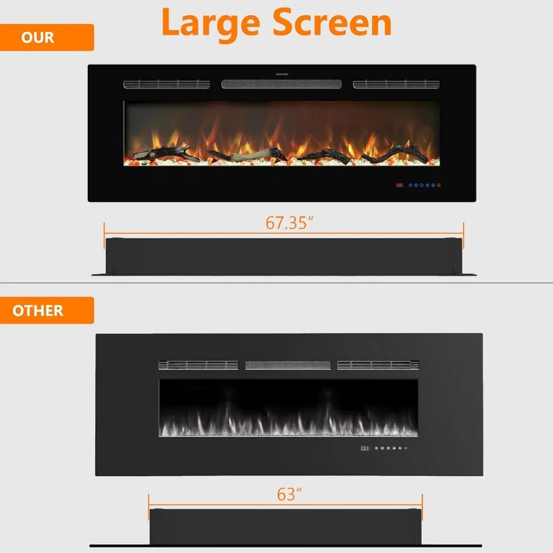 72-inch elektrische inbouwhaard, inbouw- en wandgemonteerde haardkachel, groot scherm met thermostaat, afstandsbediening en touchscreen