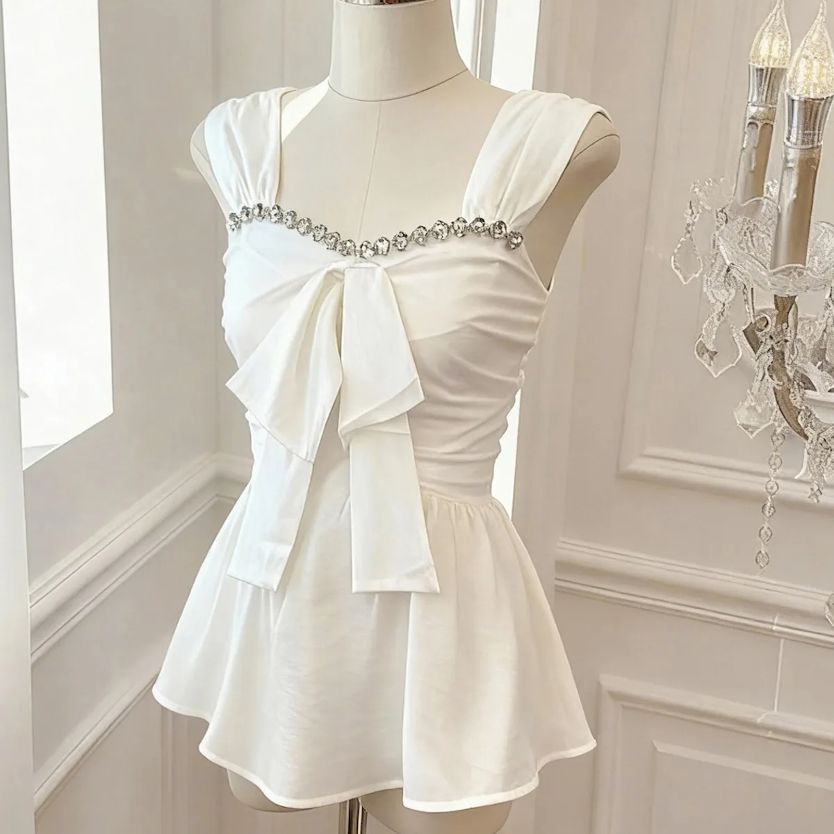 

Elegant Diamond Embellished Chiffon Top Women's Fashionable Summer Shirt Sexy Hollow out Design Casual Wear Regular Length