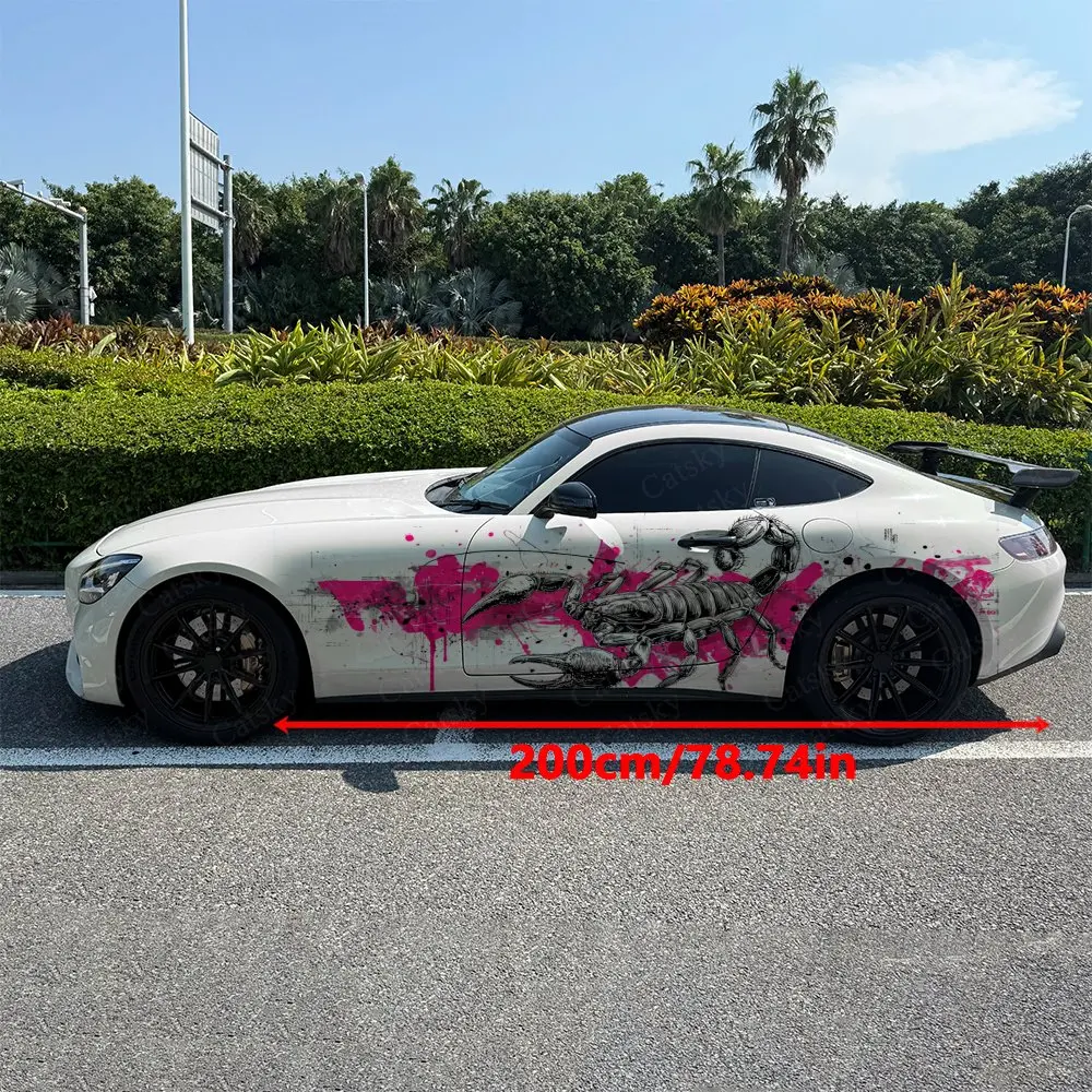 2pcs Neon Pink Splatter Scorpion Car Side Wraps, Self-Adhesive PVC Waterproof & Scratch-Resistant Stickers, Car Accessory Gift