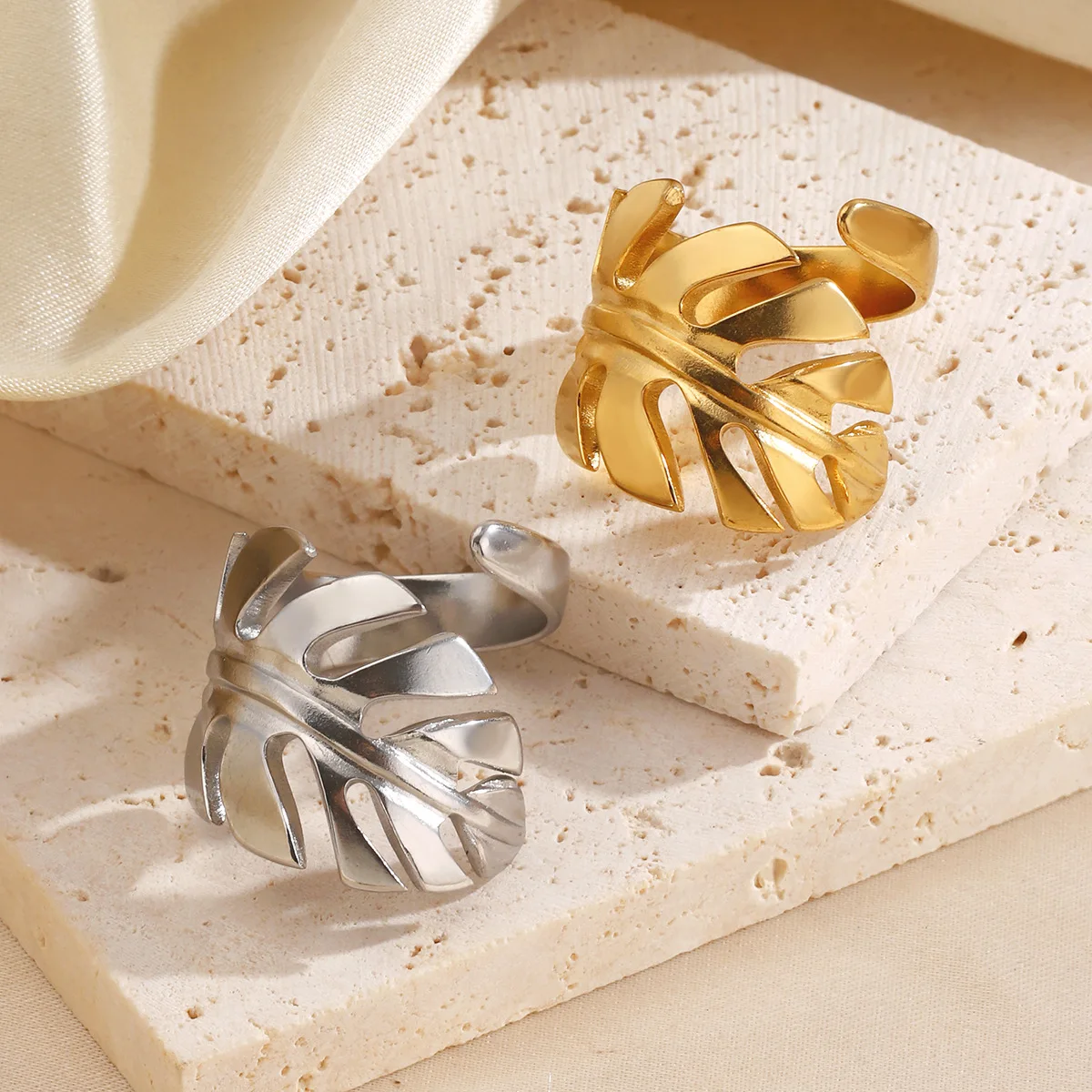 Bohemia Adjustable Stainless Steel Gold Color Ring with Brown Leaves for Women Wedding Aesthetic Party Fashion Jewelry