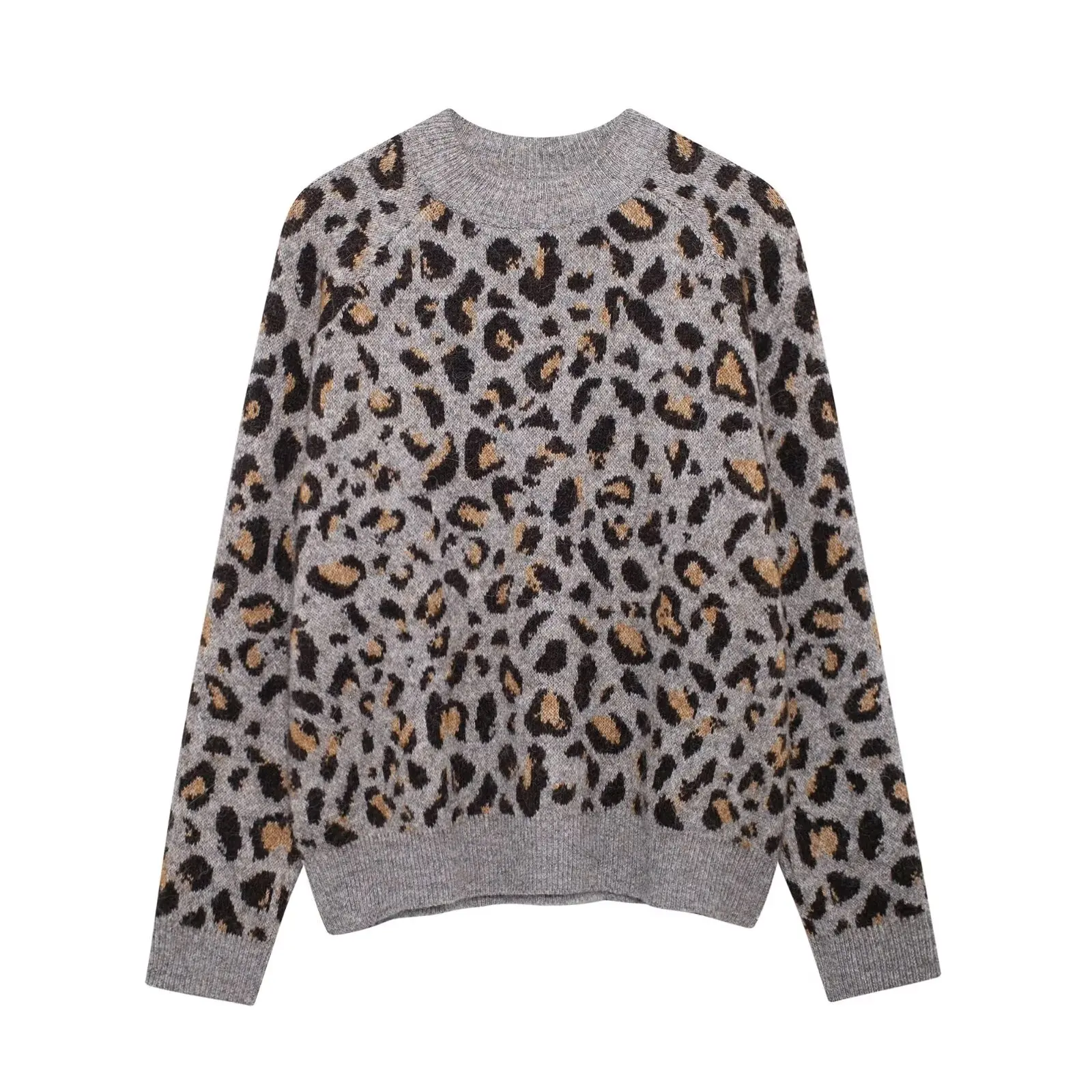 European and American style autumn and winter new leopard jacquard round neck pullover sweater women\'s fashionable all-match cas