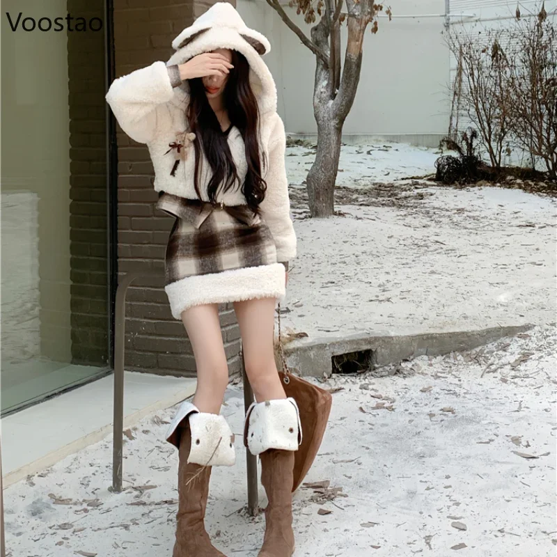 Autumn Winter Sweet Lolita Style Skirt Sets Women Cute Cartoon Bear Ears Hooded Plush Short Coat Mini Plaid Skirt 2 Piece Set