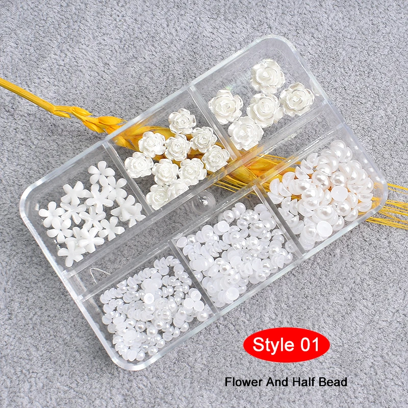 6 Palace Grid Box Resin Nail Art Accessories White Pearl Rose Flower Mixing Set 3D Fingernail DIY Decoration