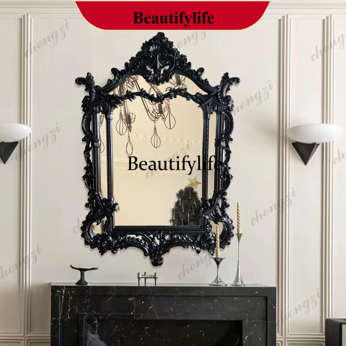 z183 French retro carved bathroom mirror wall-mounted medieval black decorative mirror fireplace mirror bathroom