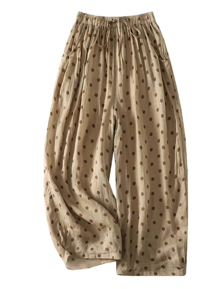 Sommer Casual Baumwolle Leinen Polka Dot Hosen frauen Elastische Taille Vielseitig Agel Breite Bein Hosen Dünne Neun Punkte Lose fit